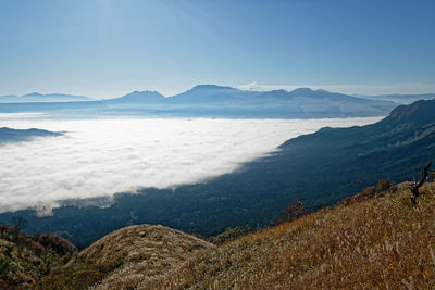 Scenic view of sea and mountains against sky