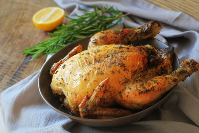 High angle view of food in plate on table