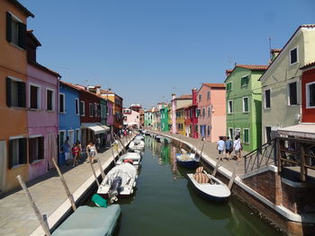 Boats moored in canal amidst buildings against clear sky