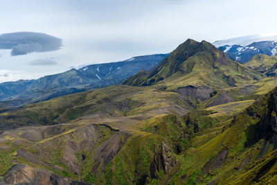 Clear sky over the valley of thorsmork, southern iceland. bizzare volcanic landscape