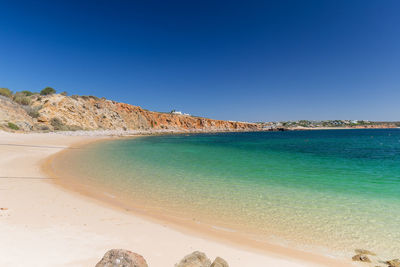 Scenic view of sea against clear blue sky