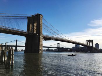 Brooklyn bridge over east river against sky in city