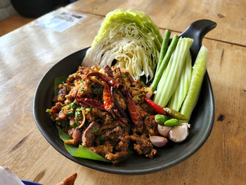 High angle view of food in plate on table