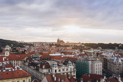 View from above the red roofs of european houses