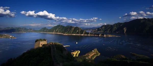 Scenic view of lake against cloudy sky