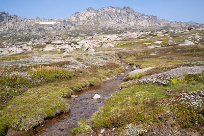 Scenic view of rocky mountains against sky