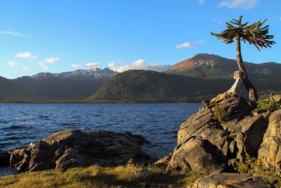 Side view of mature man sitting on rock by sea against blue sky