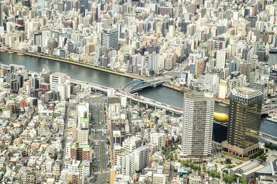 High angle view of modern buildings in city
