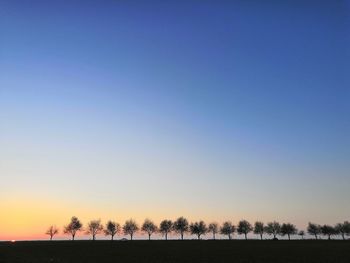Silhouette trees by lake against clear sky during sunset