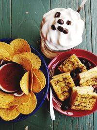 Directly above shot of food in bowls on table