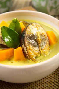 Close-up of soup in bowl on table