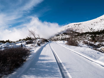 Snow covered road amidst trees against sky