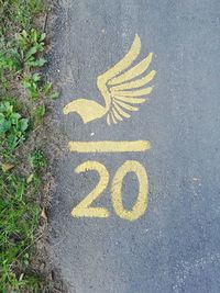 High angle view of yellow text on street