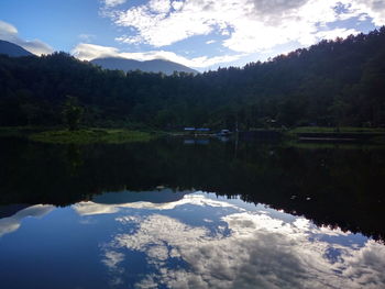 Scenic view of lake and mountains against sky