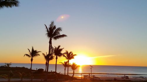 Silhouette of palm trees at beach during sunset