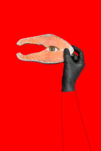 Hand with glove holding salmon meat. abstract concept