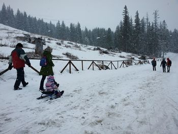 People with sled on snow covered field during winter