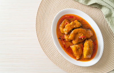 High angle view of food in plate on table