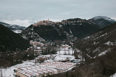 High angle view of townscape against sky during winter