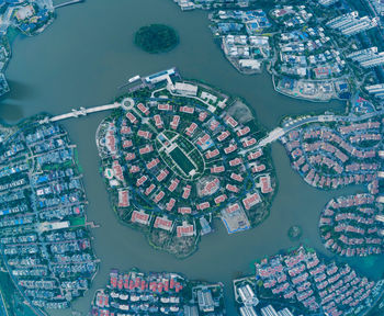 Fish eye lens view of buildings in city