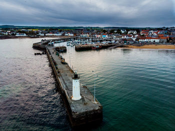 High angle view of buildings by sea against sky