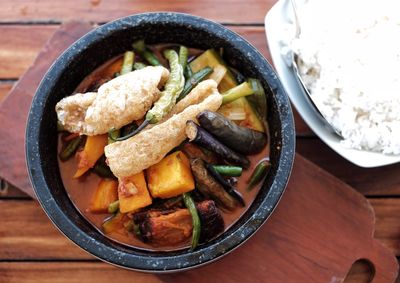 High angle view of food in bowl on table