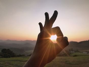 Close-up of hand gesturing against sky during sunset