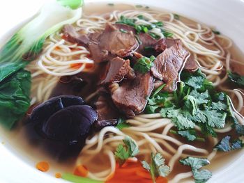 Close-up of noodles served in bowl