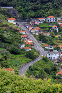 High angle view of trees and buildings in city