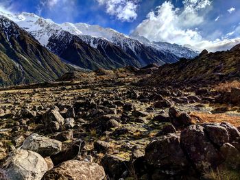 Scenic view of snowcapped mountains against sky