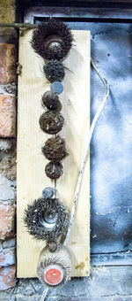 High angle view of ice cream hanging on wood