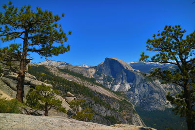 Scenic view of mountains against clear blue sky