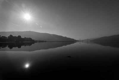 Scenic view of lake by silhouette mountain against sky