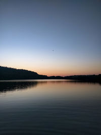 Scenic view of lake against clear sky during sunset