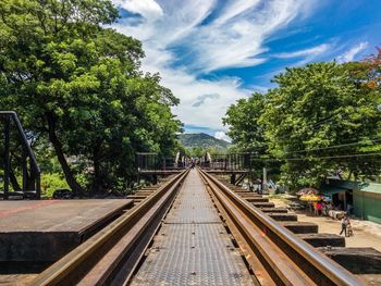 Railroad tracks amidst trees against sky