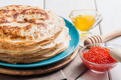 High angle view of breakfast served on table