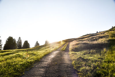 Dirt road amidst field against clear sky
