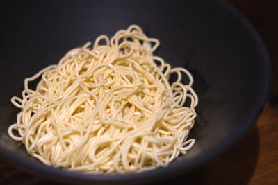 High angle view of noodles in bowl on table