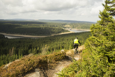 Rear view of man on landscape against sky