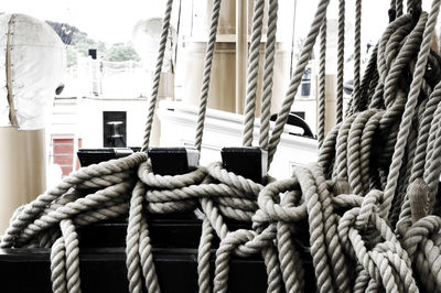Close-up of rope tied to sailboat
