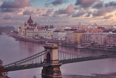 Bridge over river in city against cloudy sky