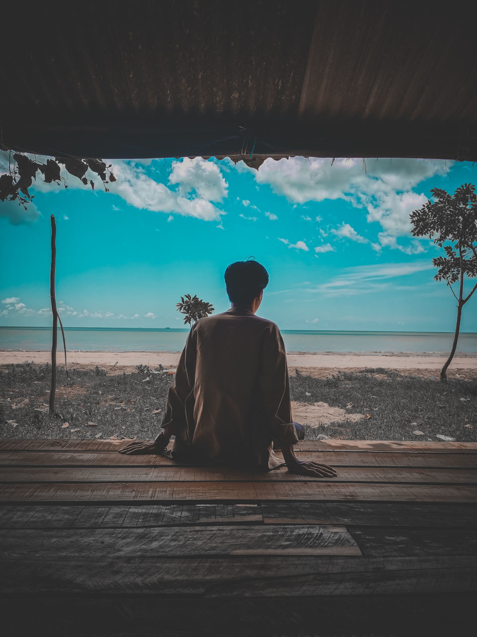 REAR VIEW OF MAN SITTING ON SHORE AT BEACH