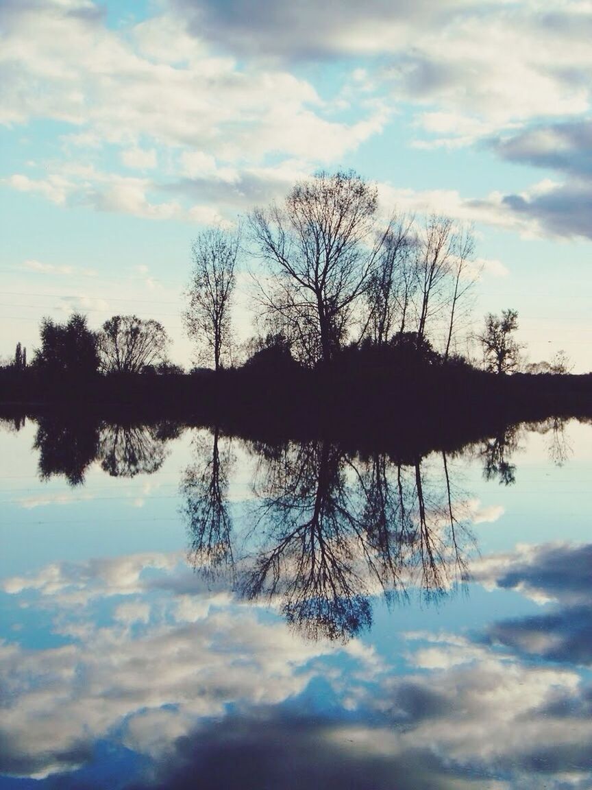 tree, sky, bare tree, tranquility, tranquil scene, reflection, cloud - sky, lake, water, scenics, beauty in nature, silhouette, nature, cloud, cloudy, branch, waterfront, idyllic, standing water, outdoors