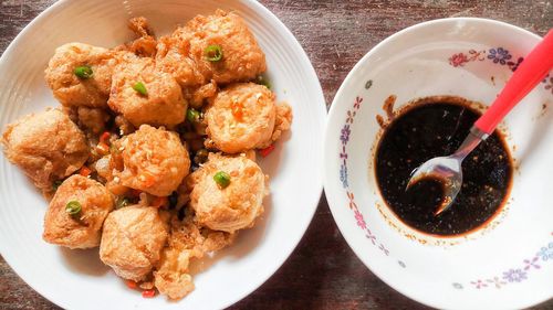 High angle view of food in plate on table