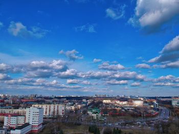 High angle shot of townscape against sky