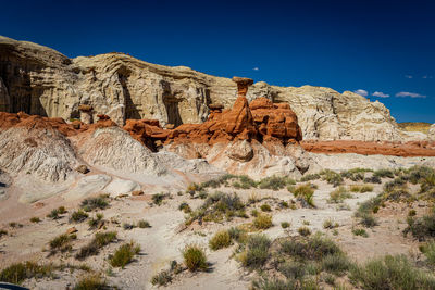 Rock formations in desert against clear blue sky