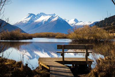 Scenic view of lake by snowcapped mountains against sky