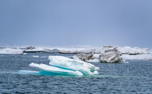 Icebergs in sea against clear sky