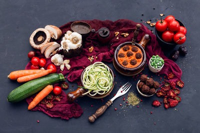 High angle view of vegetables on table