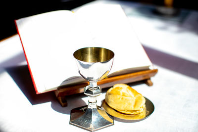High angle view of drink on table